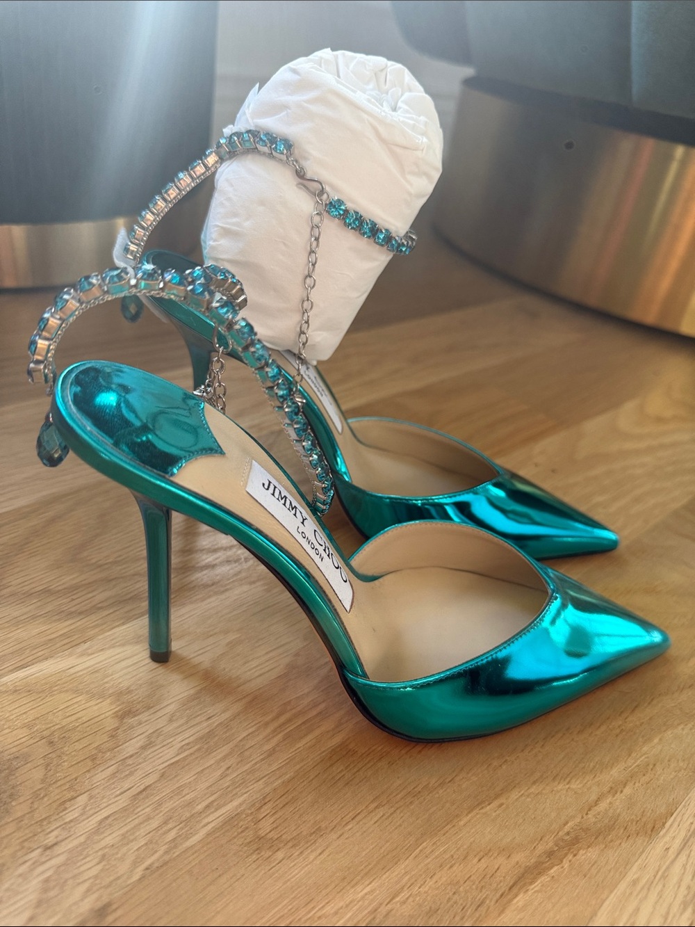 Jimmy Choo Saeda 100 Metallic Teal Pointed Toe Heels with Crystal Anklet - Picture 9 of 16